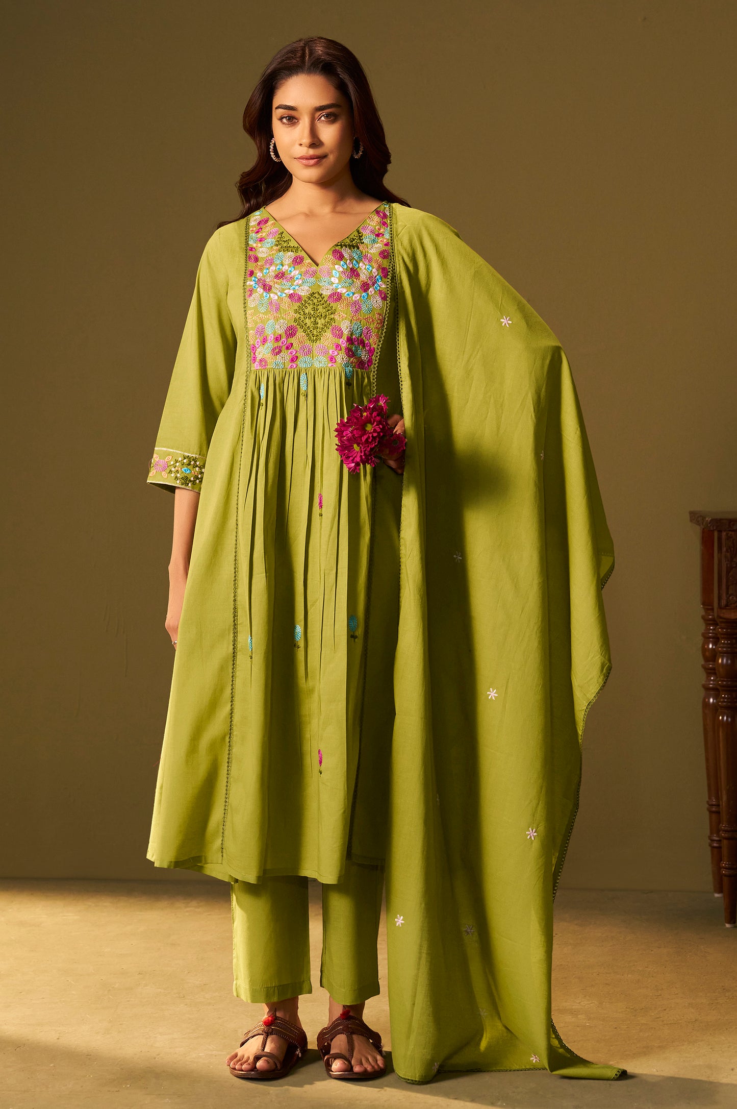 Green Pure Cotton Embroidered Kurta Set with Dupatta