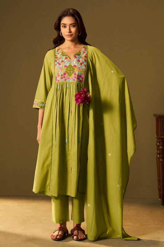 Green Pure Cotton Embroidered Kurta Set with Dupatta