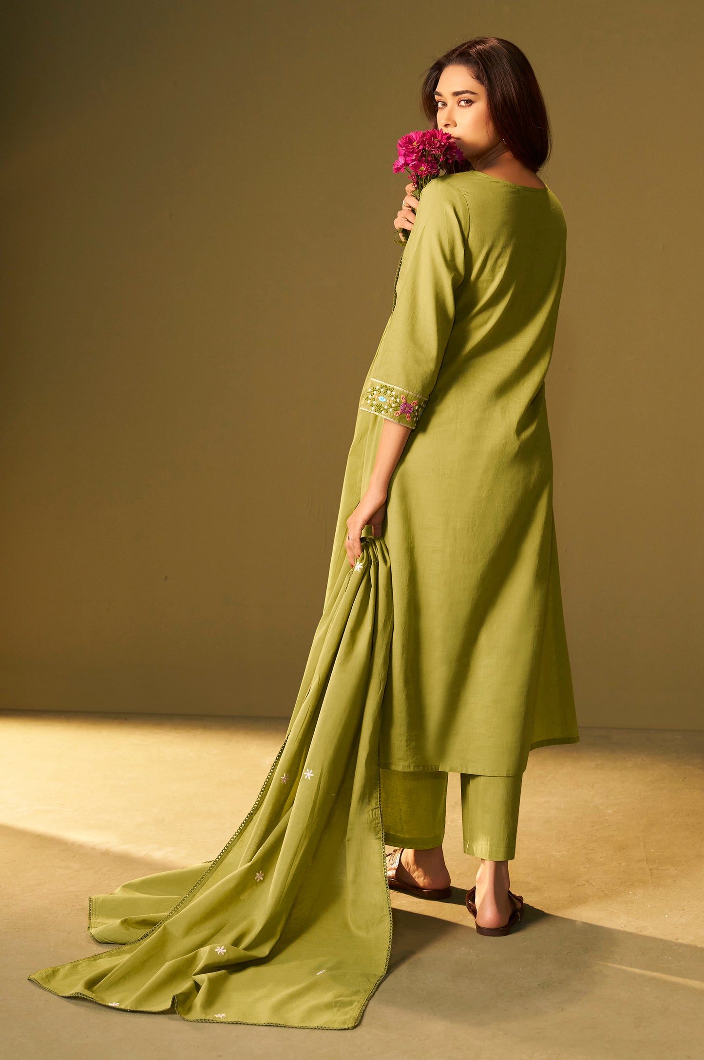 Green Pure Cotton Embroidered Kurta Set with Dupatta