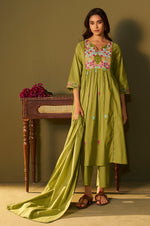 Green Pure Cotton Embroidered Kurta Set with Dupatta