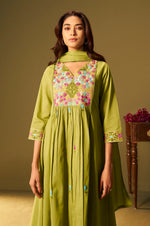Green Pure Cotton Embroidered Kurta Set with Dupatta