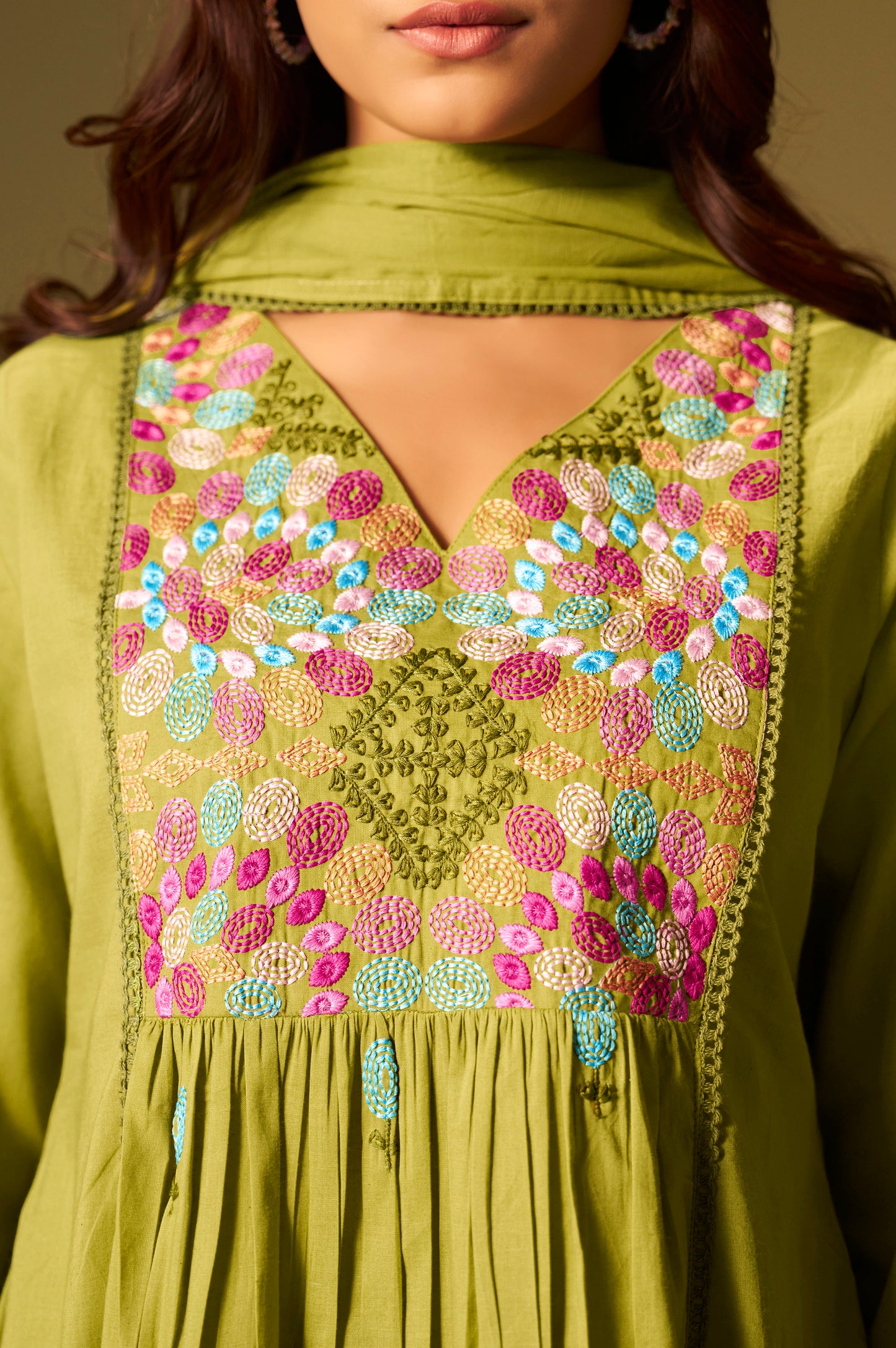 Green Pure Cotton Embroidered Kurta Set with Dupatta