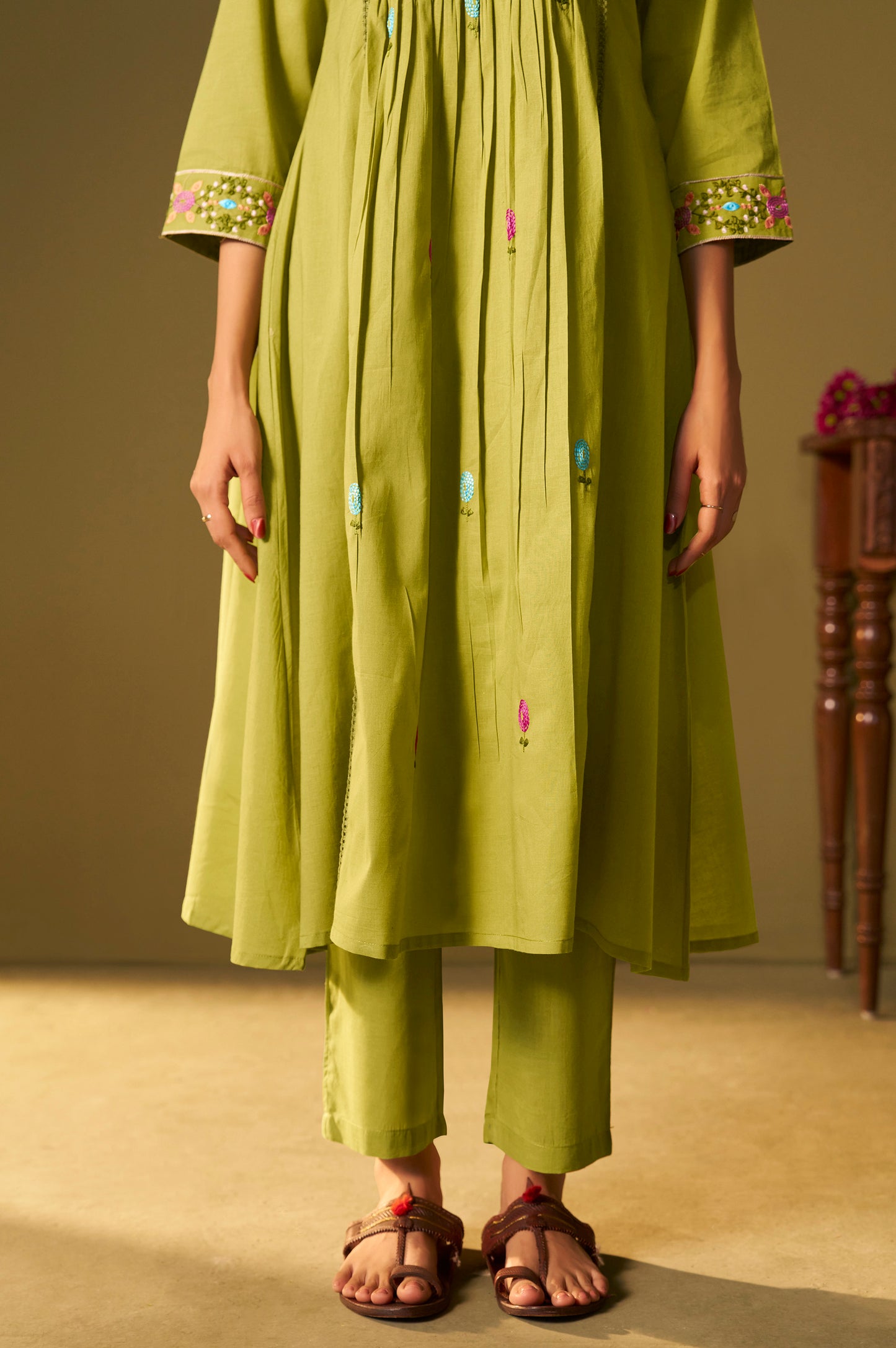 Green Pure Cotton Embroidered Kurta Set with Dupatta