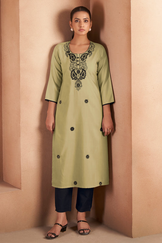 Pista Green Cotton Blend Chikankari Embroidered Kurta For Women