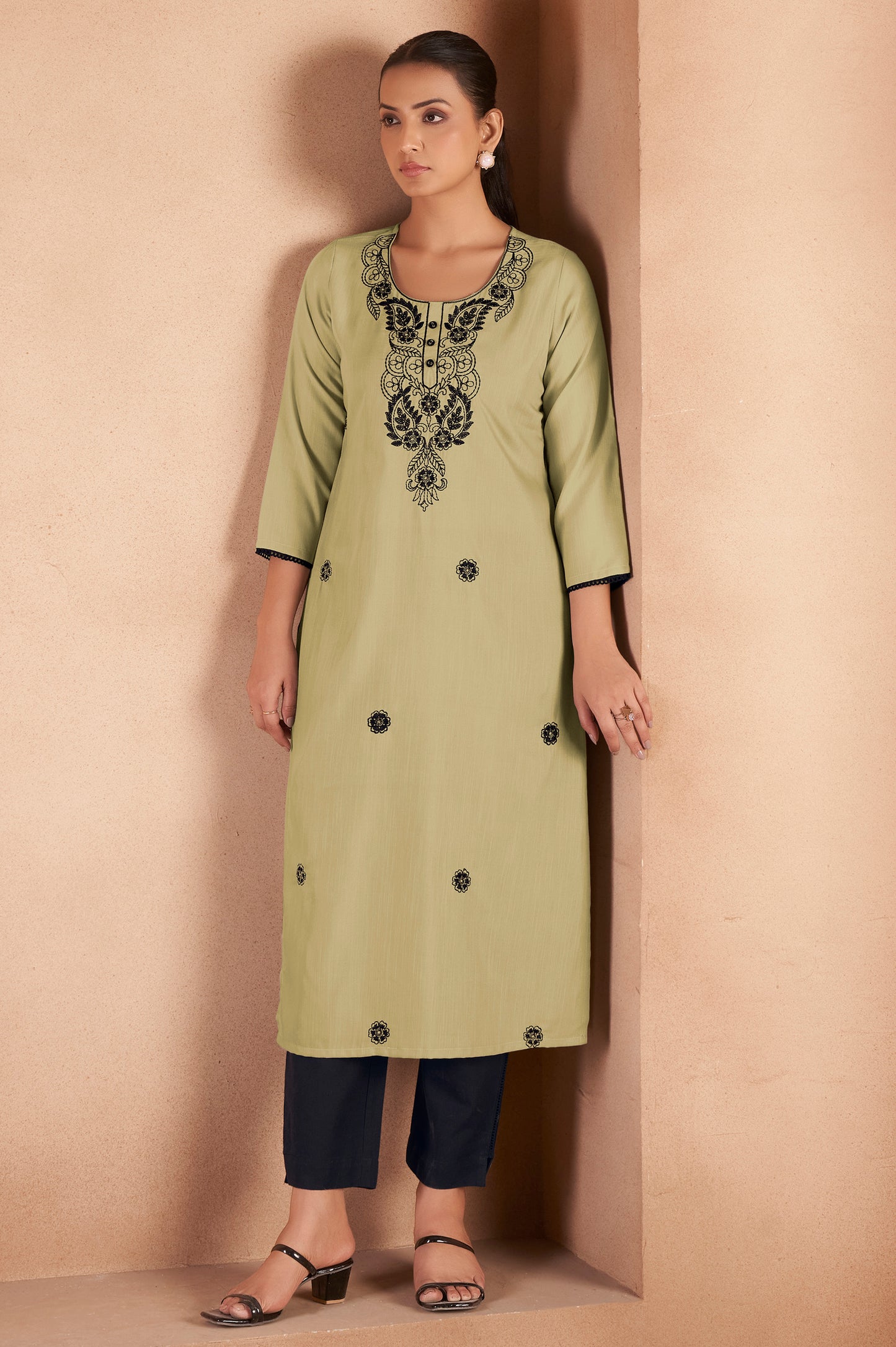 Pista Green Cotton Blend Chikankari Embroidered Kurta For Women