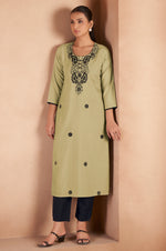 Pista Green Cotton Blend Chikankari Embroidered Kurta For Women