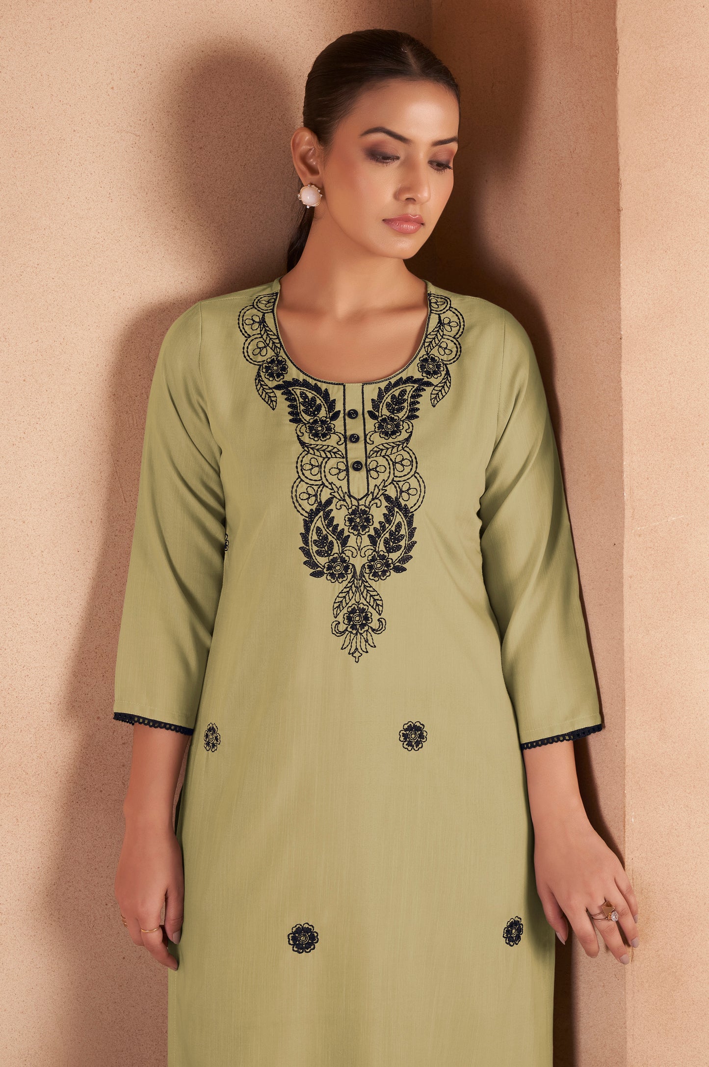 Pista Green Cotton Blend Chikankari Embroidered Kurta For Women
