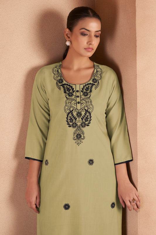 Pista Green Cotton Blend Chikankari Embroidered Kurta For Women