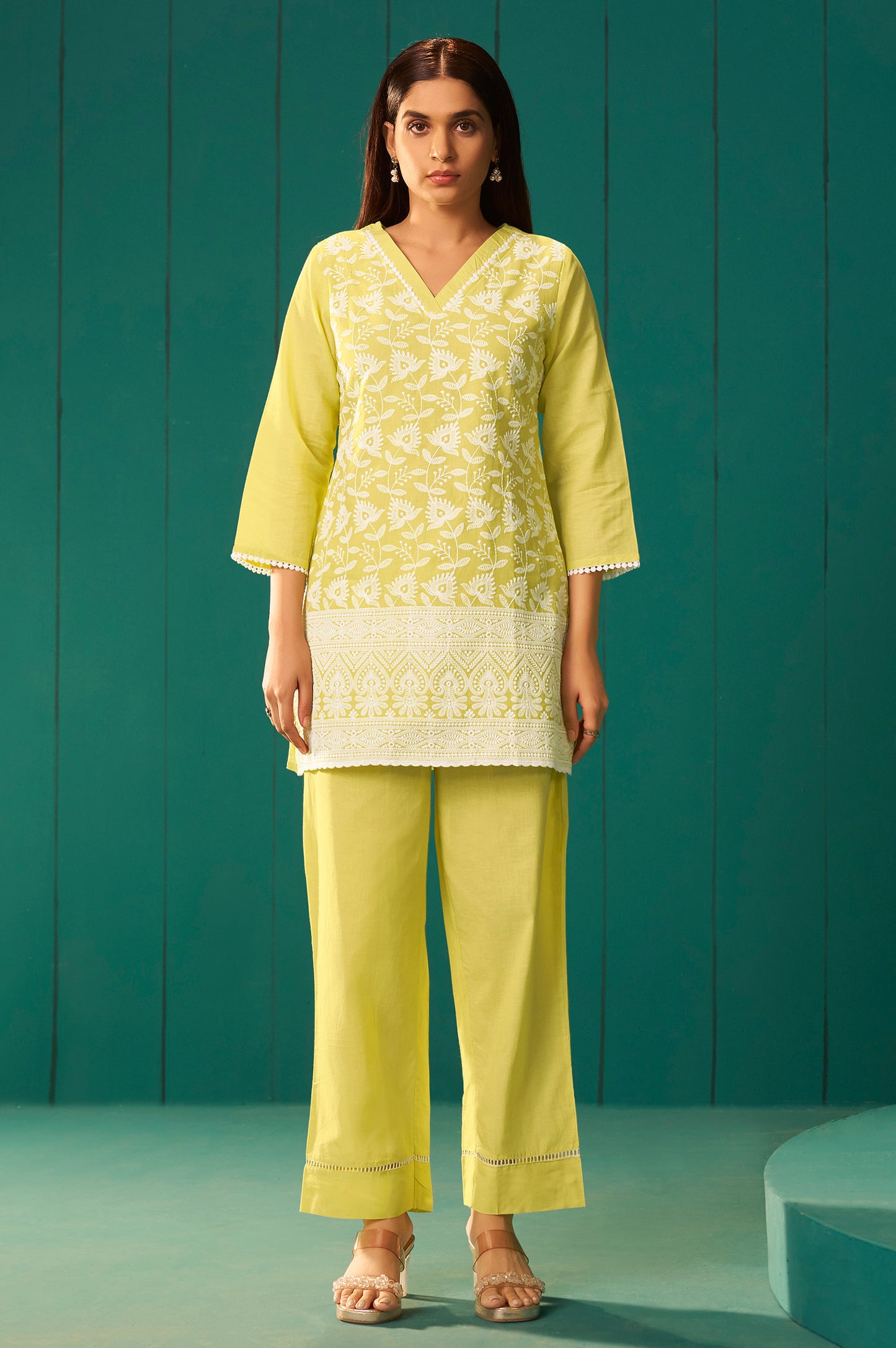 Women’s Pure Cotton Yellow Schiffli Co-Ord Set