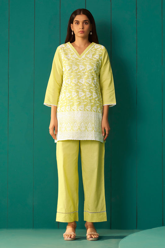 Women’s Pure Cotton Yellow Schiffli Co-Ord Set