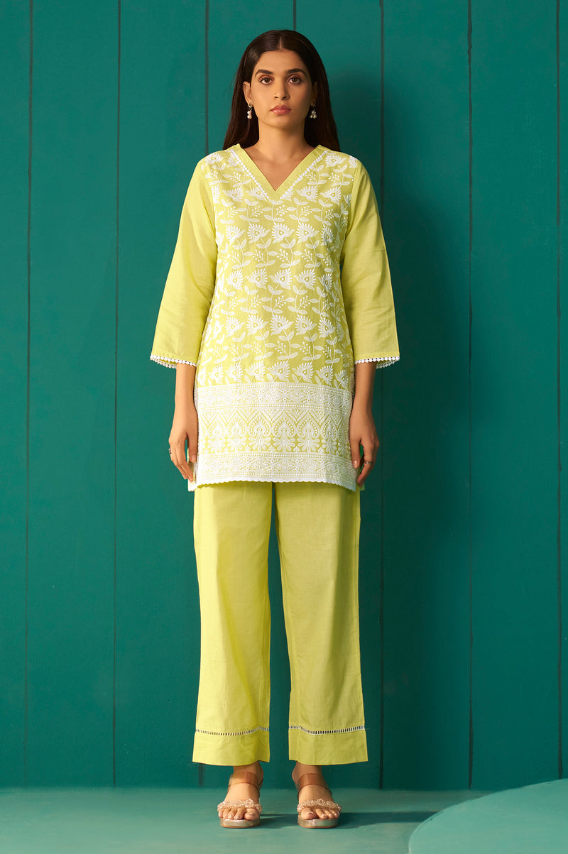 Women’s Pure Cotton Yellow Schiffli Co-Ord Set