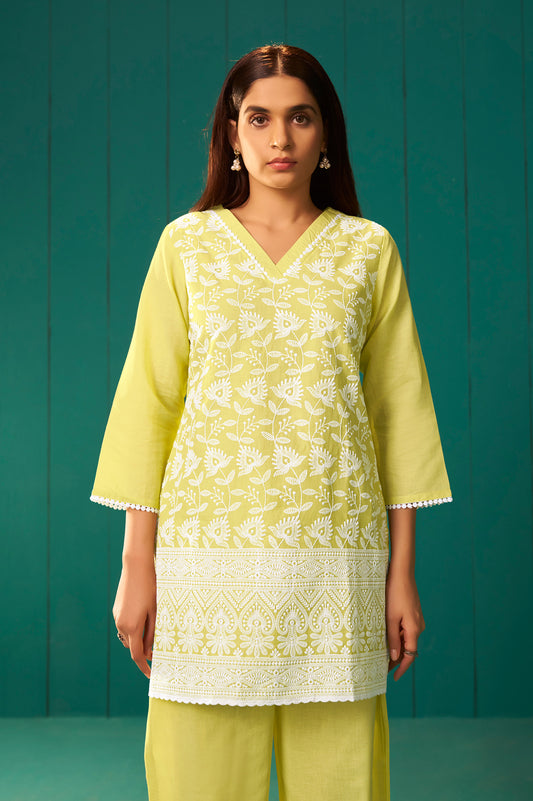 Women’s Pure Cotton Yellow Schiffli Co-Ord Set