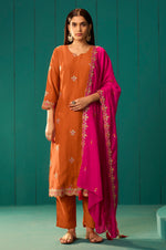 Orange Chinnon Embroidered Kurta Set With Dupatta For Women