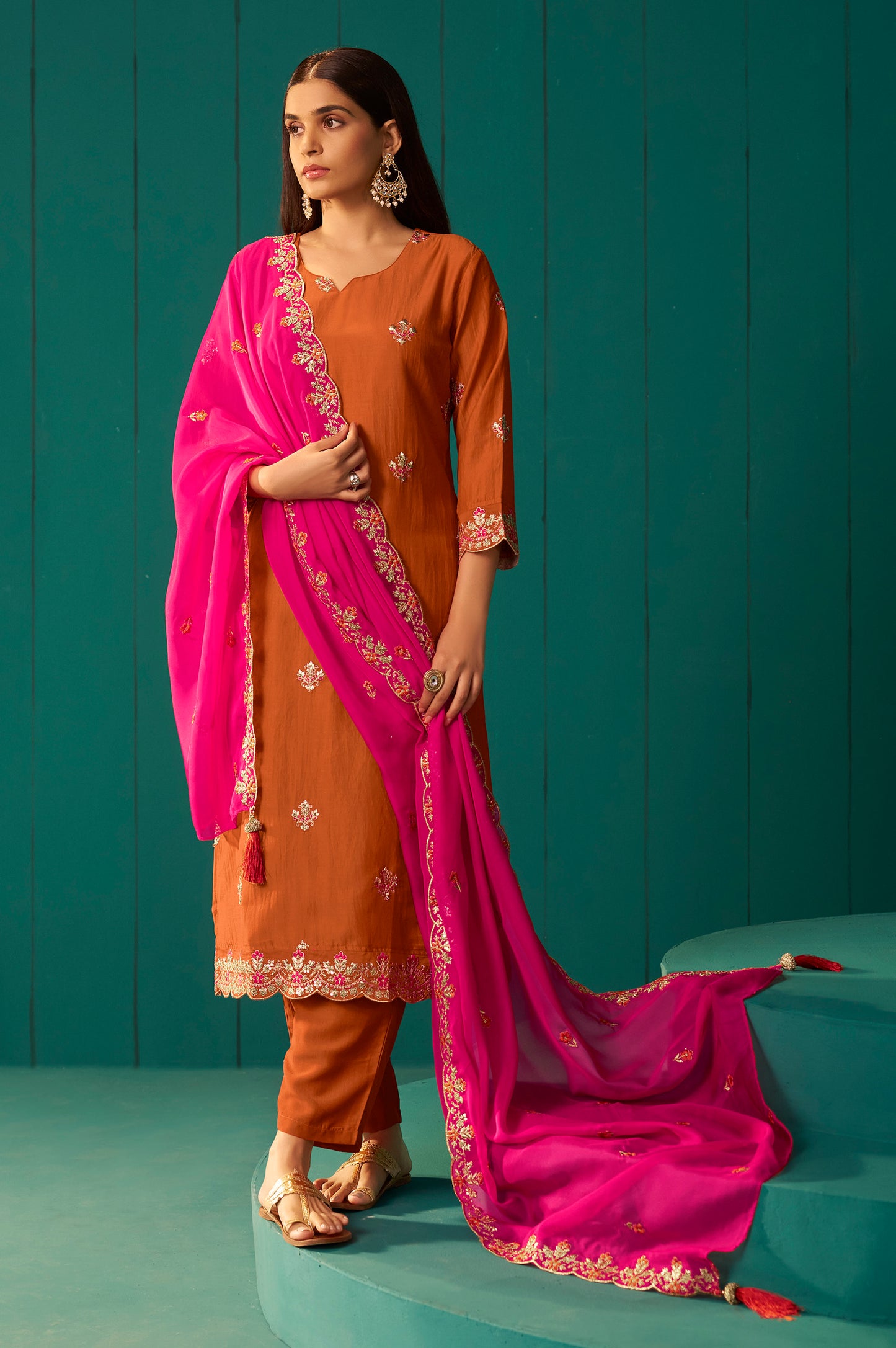 Orange Chinnon Embroidered Kurta Set With Dupatta For Women