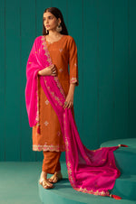 Orange Chinnon Embroidered Kurta Set With Dupatta For Women