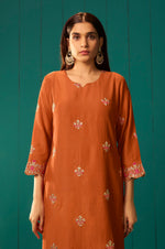 Orange Chinnon Embroidered Kurta Set With Dupatta For Women