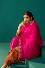 Orange Chinnon Embroidered Kurta Set With Dupatta For Women