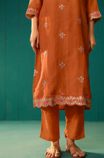 Orange Chinnon Embroidered Kurta Set With Dupatta For Women