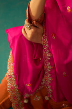 Orange Chinnon Embroidered Kurta Set With Dupatta For Women