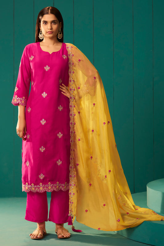 Pink Chinnon Embroidered Kurta Set With Dupatta For Women