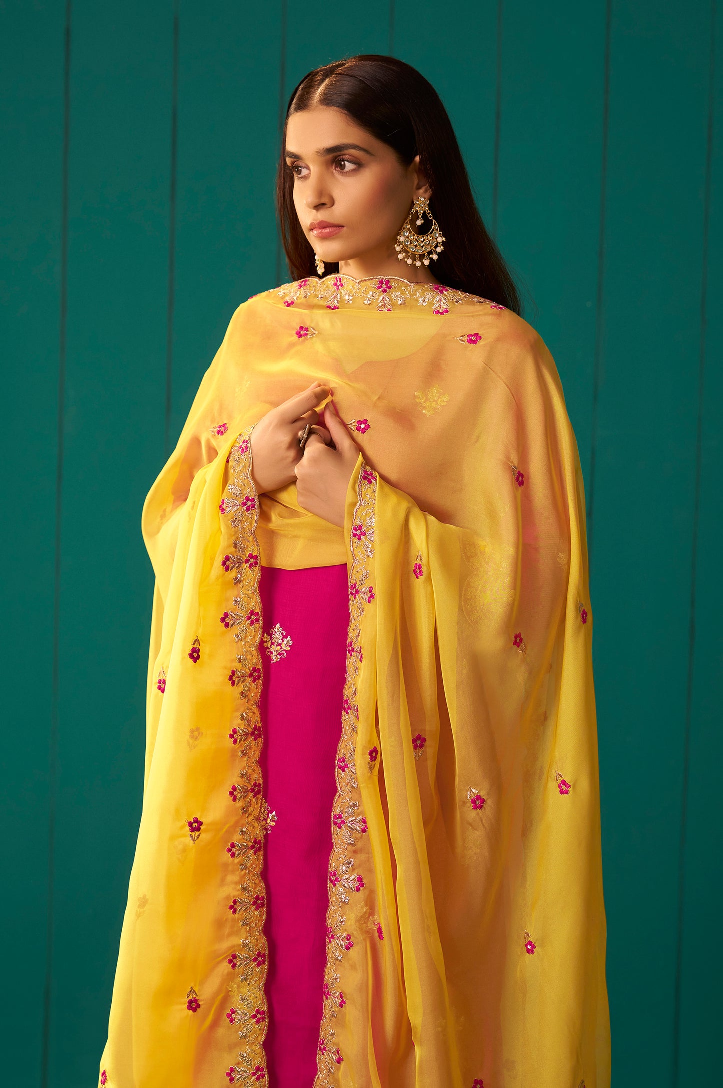 Pink Chinnon Embroidered Kurta Set With Dupatta For Women