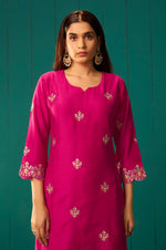 Pink Chinnon Embroidered Kurta Set With Dupatta For Women