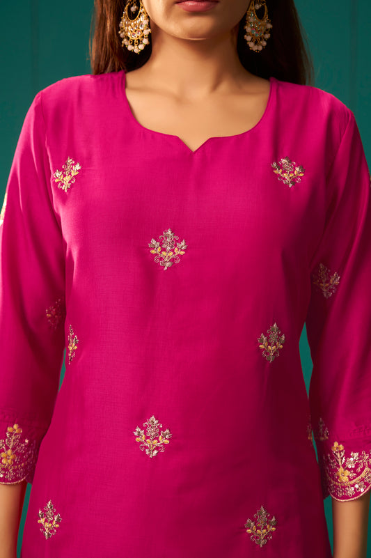 Pink Chinnon Embroidered Kurta Set With Dupatta For Women