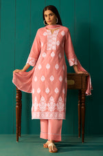 Orange Pure Cotton Schiffli Embroidered Straight Kurta Set Dupatta