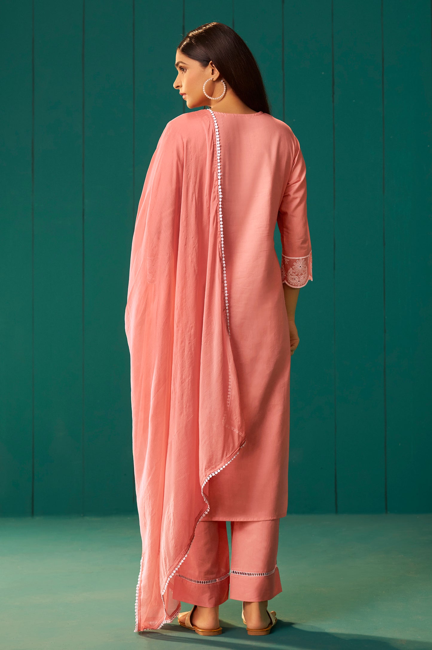 Orange Pure Cotton Schiffli Embroidered Straight Kurta Set Dupatta