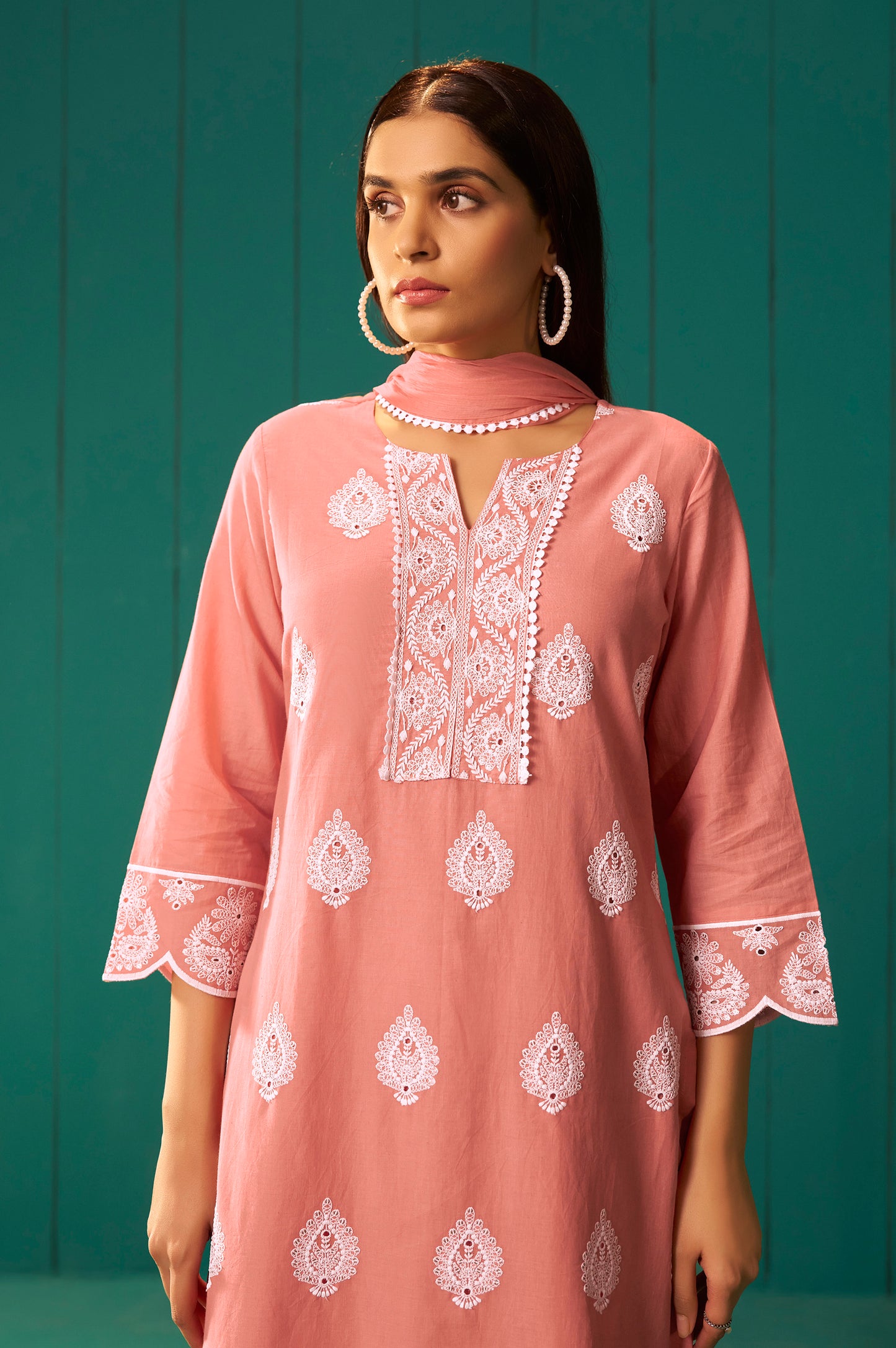 Orange Pure Cotton Schiffli Embroidered Straight Kurta Set Dupatta