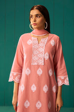 Orange Pure Cotton Schiffli Embroidered Straight Kurta Set Dupatta
