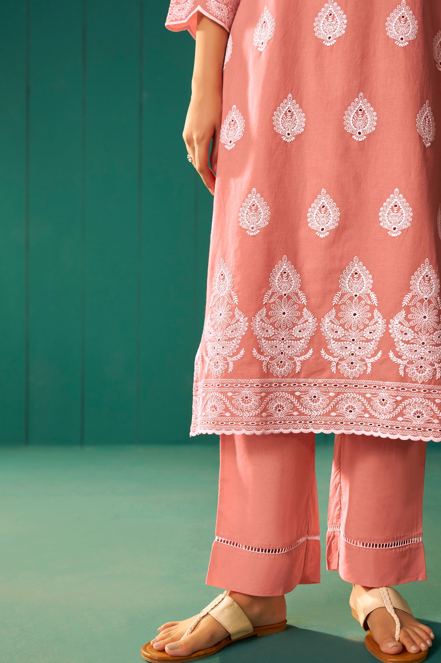 Orange Pure Cotton Schiffli Embroidered Straight Kurta Set Dupatta