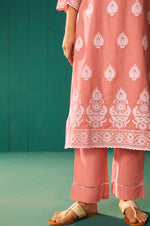 Orange Pure Cotton Schiffli Embroidered Straight Kurta Set Dupatta