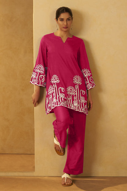 Women Pink Embroidered Cotton Blend Straight Kurta Co-ord Set