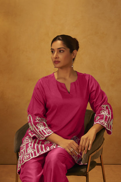 Women Pink Embroidered Cotton Blend Straight Kurta Co-ord Set