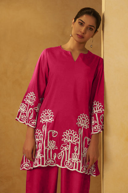 Women Pink Embroidered Cotton Blend Straight Kurta Co-ord Set