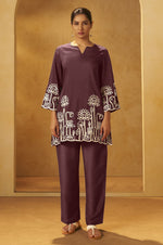 Women Coffee Embroidered Cotton Blend Straight Kurta Co-ord Set