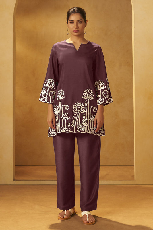 Women Coffee Embroidered Cotton Blend Straight Kurta Co-ord Set
