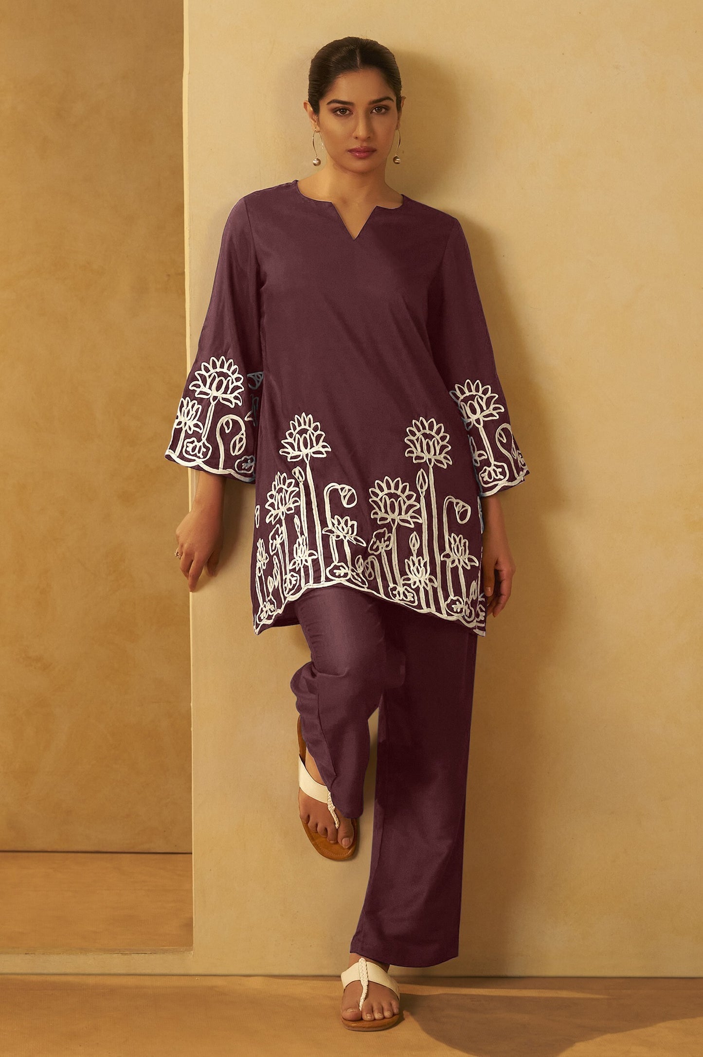Women Coffee Embroidered Cotton Blend Straight Kurta Co-ord Set