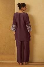 Women Coffee Embroidered Cotton Blend Straight Kurta Co-ord Set