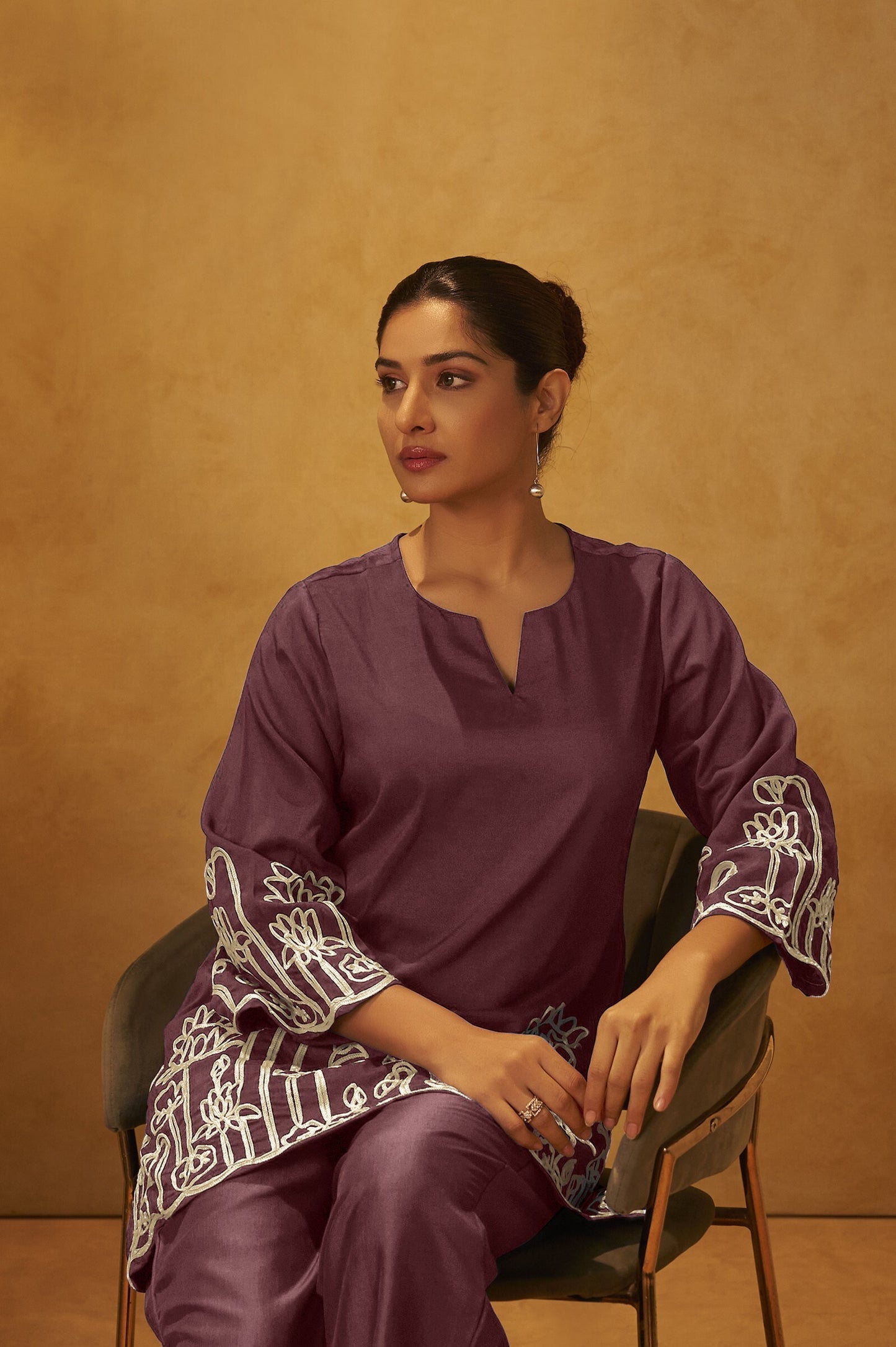 Women Coffee Embroidered Cotton Blend Straight Kurta Co-ord Set