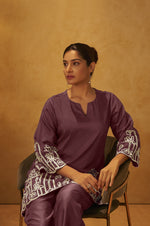 Women Coffee Embroidered Cotton Blend Straight Kurta Co-ord Set