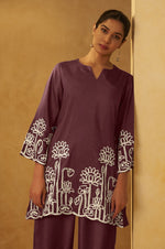 Women Coffee Embroidered Cotton Blend Straight Kurta Co-ord Set