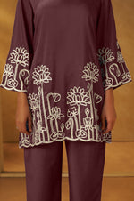 Women Coffee Embroidered Cotton Blend Straight Kurta Co-ord Set