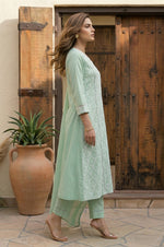 Pista Pure Cotton Embroidered Anarkali Kurta Set with Pant & Najmin Chiffon Dupatta
