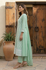 Pista Pure Cotton Embroidered Anarkali Kurta Set with Pant & Najmin Chiffon Dupatta