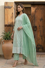 Pista Pure Cotton Embroidered Anarkali Kurta Set with Pant & Najmin Chiffon Dupatta