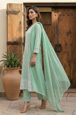 Pista Pure Cotton Embroidered Anarkali Kurta Set with Pant & Najmin Chiffon Dupatta