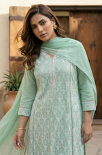 Pista Pure Cotton Embroidered Anarkali Kurta Set with Pant & Najmin Chiffon Dupatta