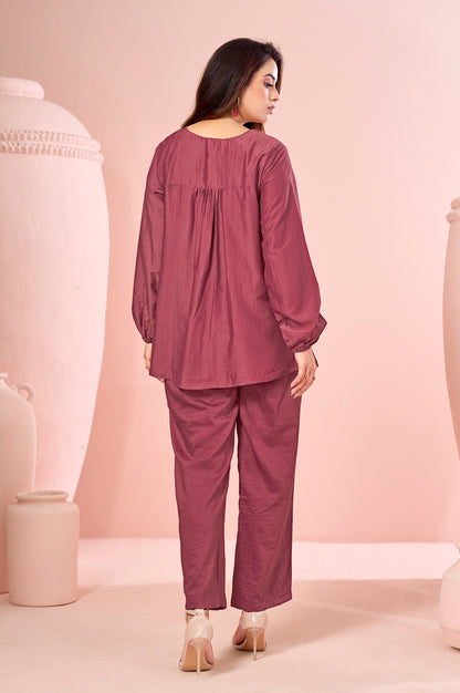 Rust Embroidered Cotton Straight Co-ord Set